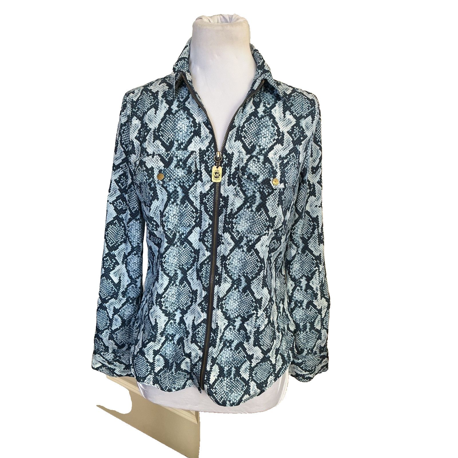 Michael Kors MICHAEL KORS TURQUOISE BLUE SNAKESKIN LONG SLEEVE ZIP BLOUSE Size S / US 4 / IT 40 - 2 Thumbnail