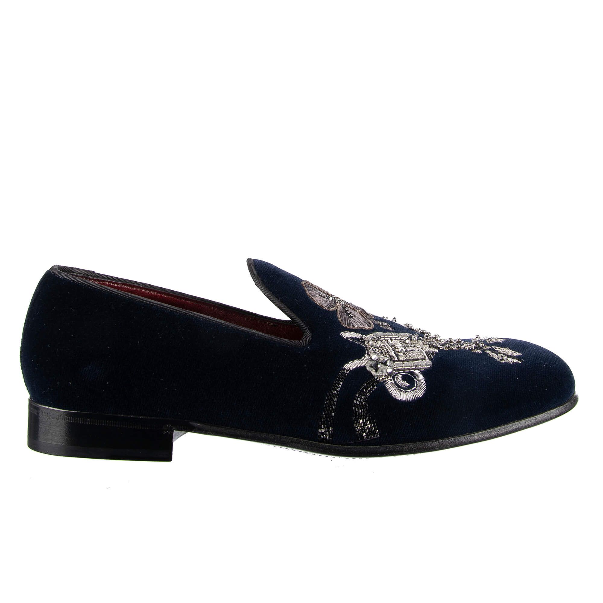 Dolce & Gabbana o1y0125 Velvet Embellished Loafers in Navy Blue Size US 7 / EU 40 - 1 Thumbnail