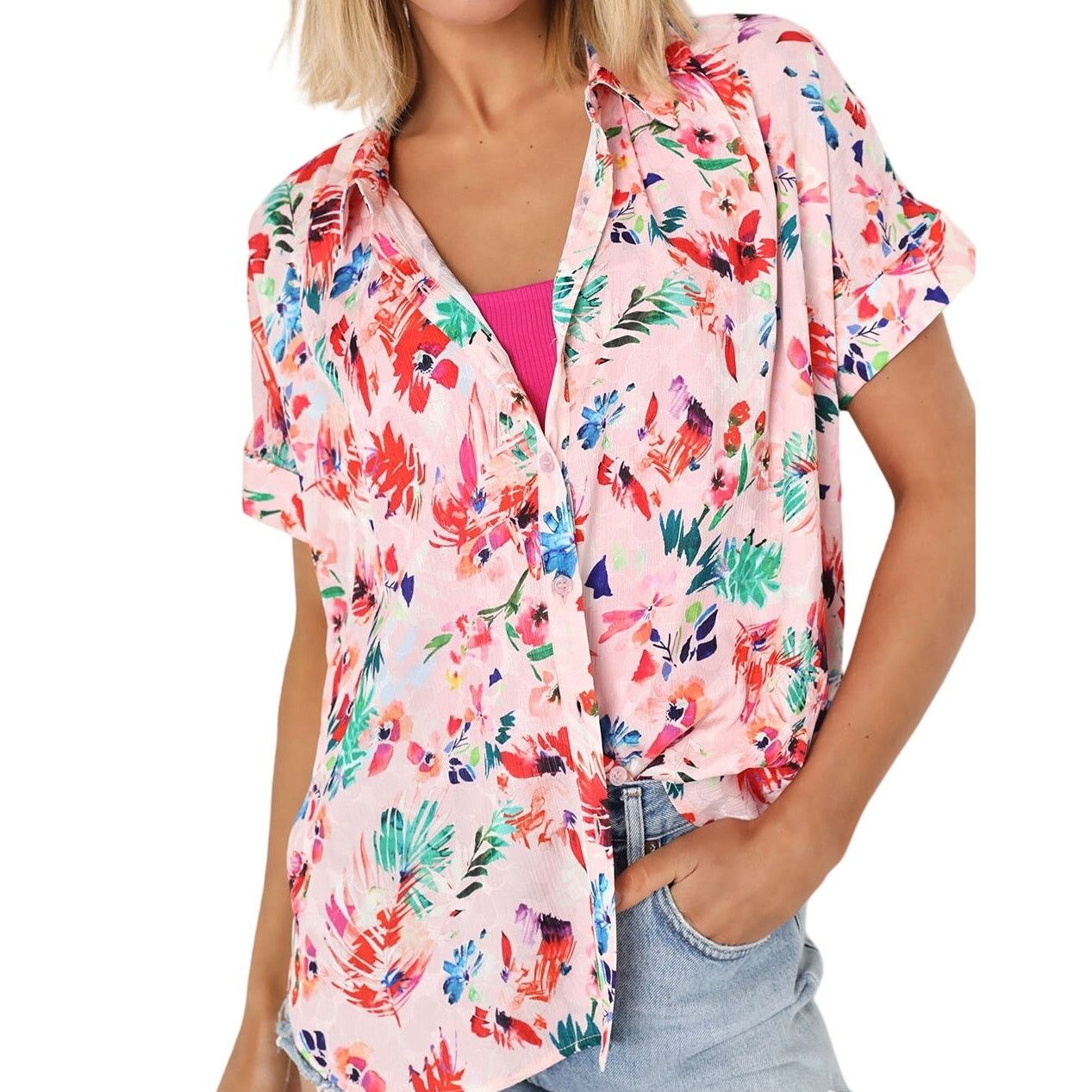 Other Lulus Summertime Fun Blush Pink Floral Button-Up Top S Size S / US 4 / IT 40 - 1 Thumbnail