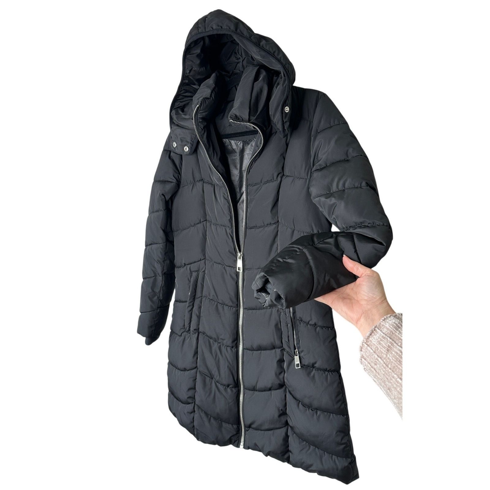 Guess Black Long Line Front Zip Hooded Puffer Jacket S