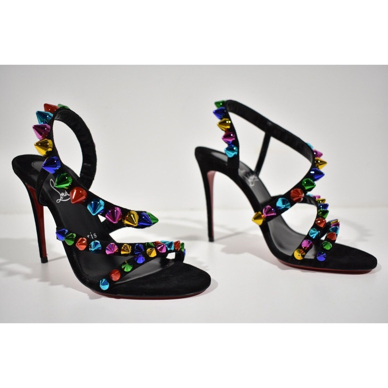 Christian Louboutin Spikita Strap 100 Black Suede Strappy Sandal Heel Pump 37.5 Size US 7.5 / IT 37.5 - 3 Thumbnail