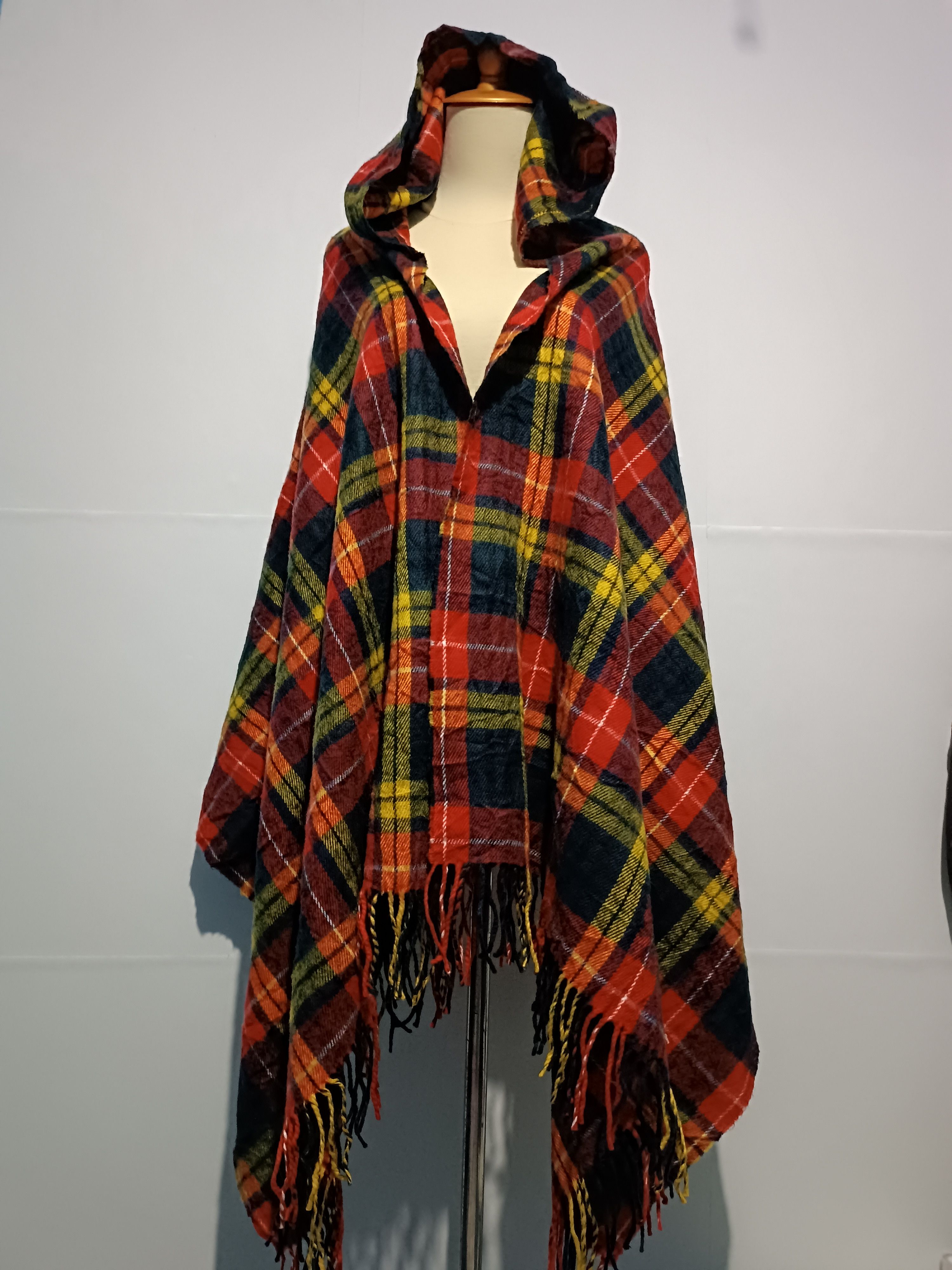 Wool Blanket Poncho Cape With Hood Rainbow Plaid