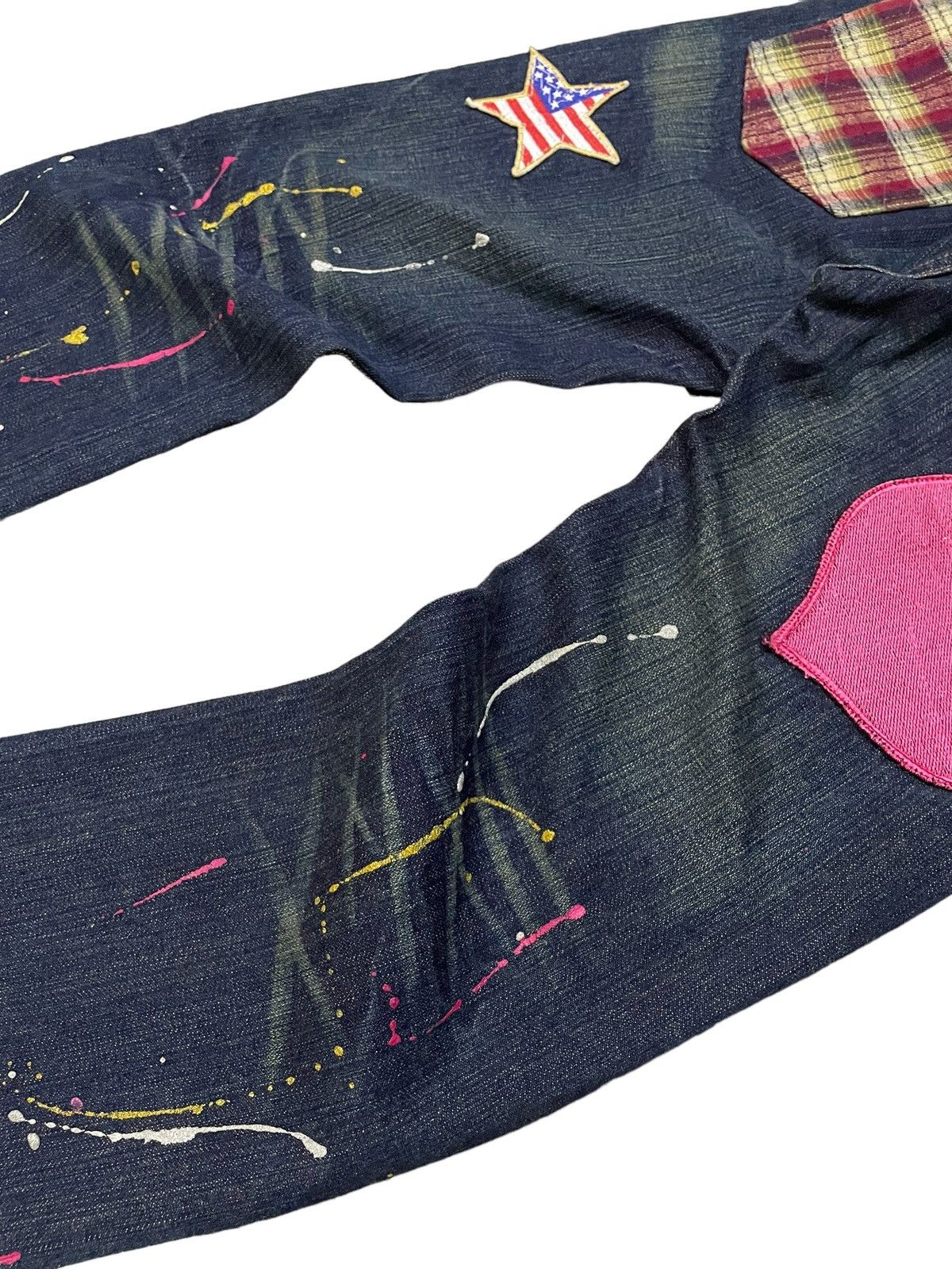 Point Loma Japan Patched Distressed Paint Splatter Jeans