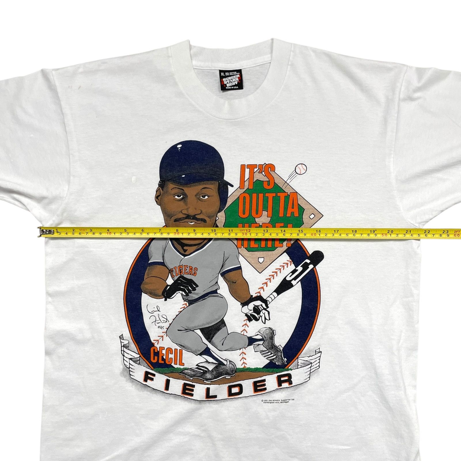 MLB VTG 90s DETROIT TIGERS CECIL FIELDER CARICATURE T-SHIRT 1991 Size US XL / EU 56 / 4 - 11 Thumbnail