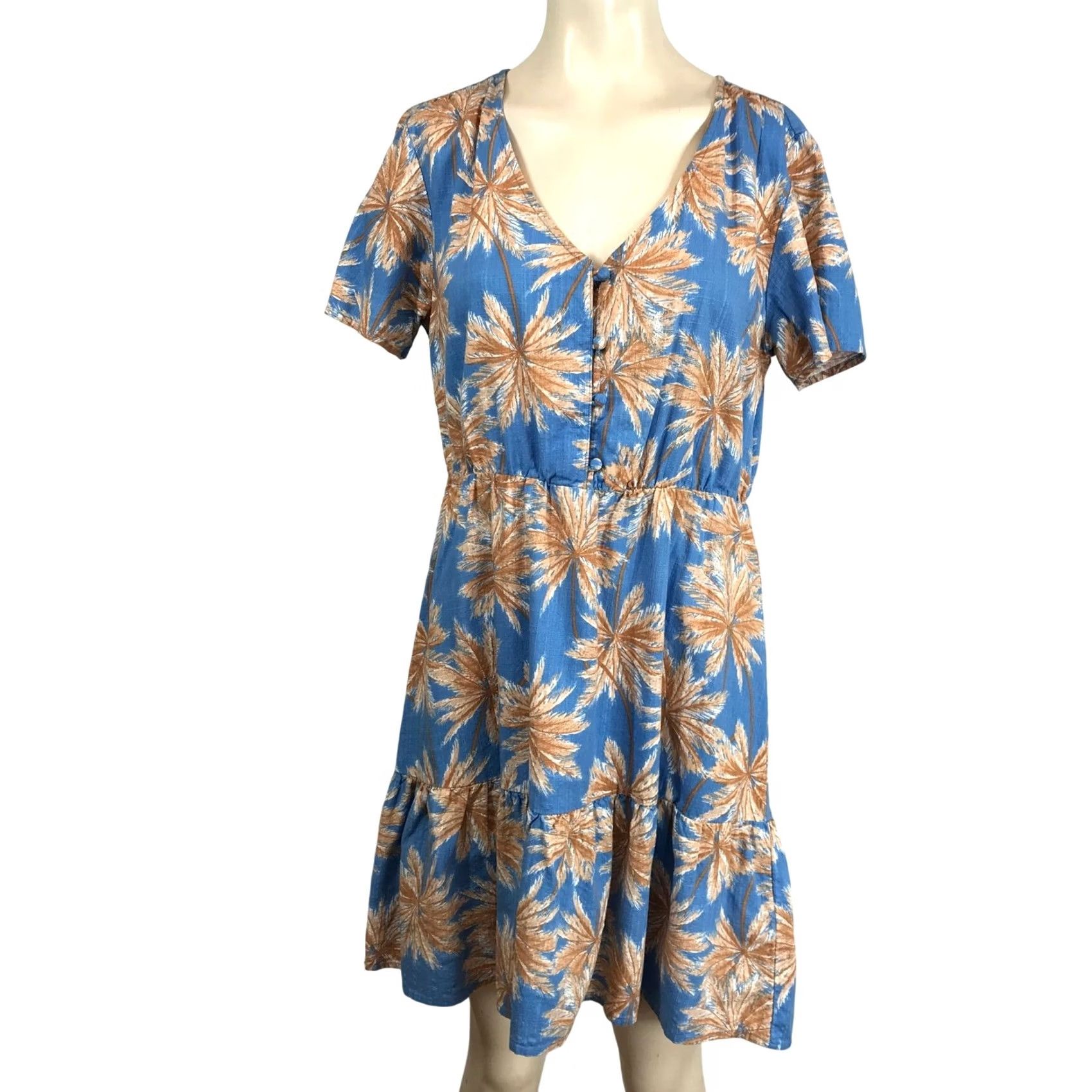 Vintage VINTAGE ROXY Palm Tree Print V Neck Button Front Tiered Dress Blue Tan Women's M Size M / US 6-8 / IT 42-44 - 2 Thumbnail