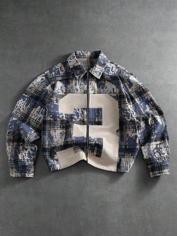 Japanese Brand Washed Plaid Zip-Up Jacket with Large Number Patch Size US L / EU 52-54 / 3 - 1 Thumbnail