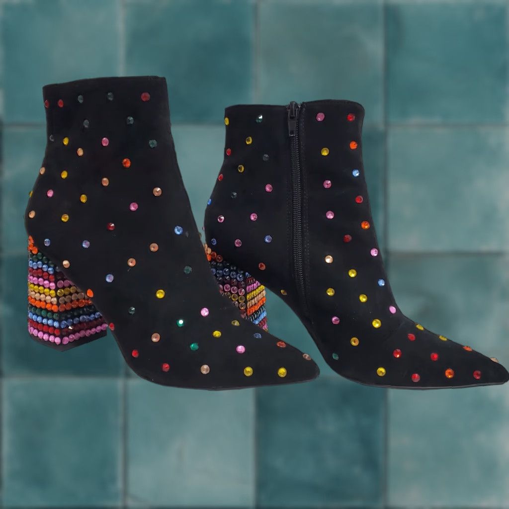 Betsey Johnson Betsey Johnson Kaydence Boots Black 9.5 Ankle Bootie Block Heel Pointed Toe Zipper Rhinestone Festival Size US 10 / IT 40 - 1 Thumbnail
