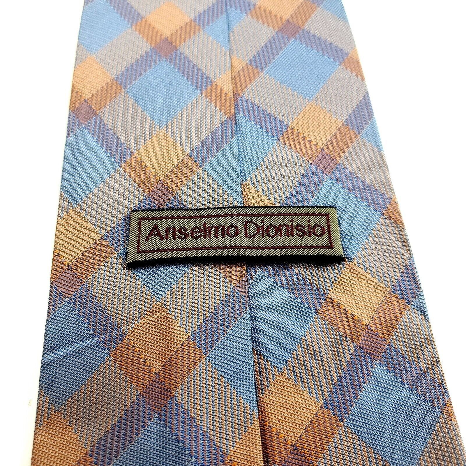 Designer Anselmo Dionisio Orange Blue Plaid Woven Wide Silk Tie Size ONE SIZE - 3 Thumbnail