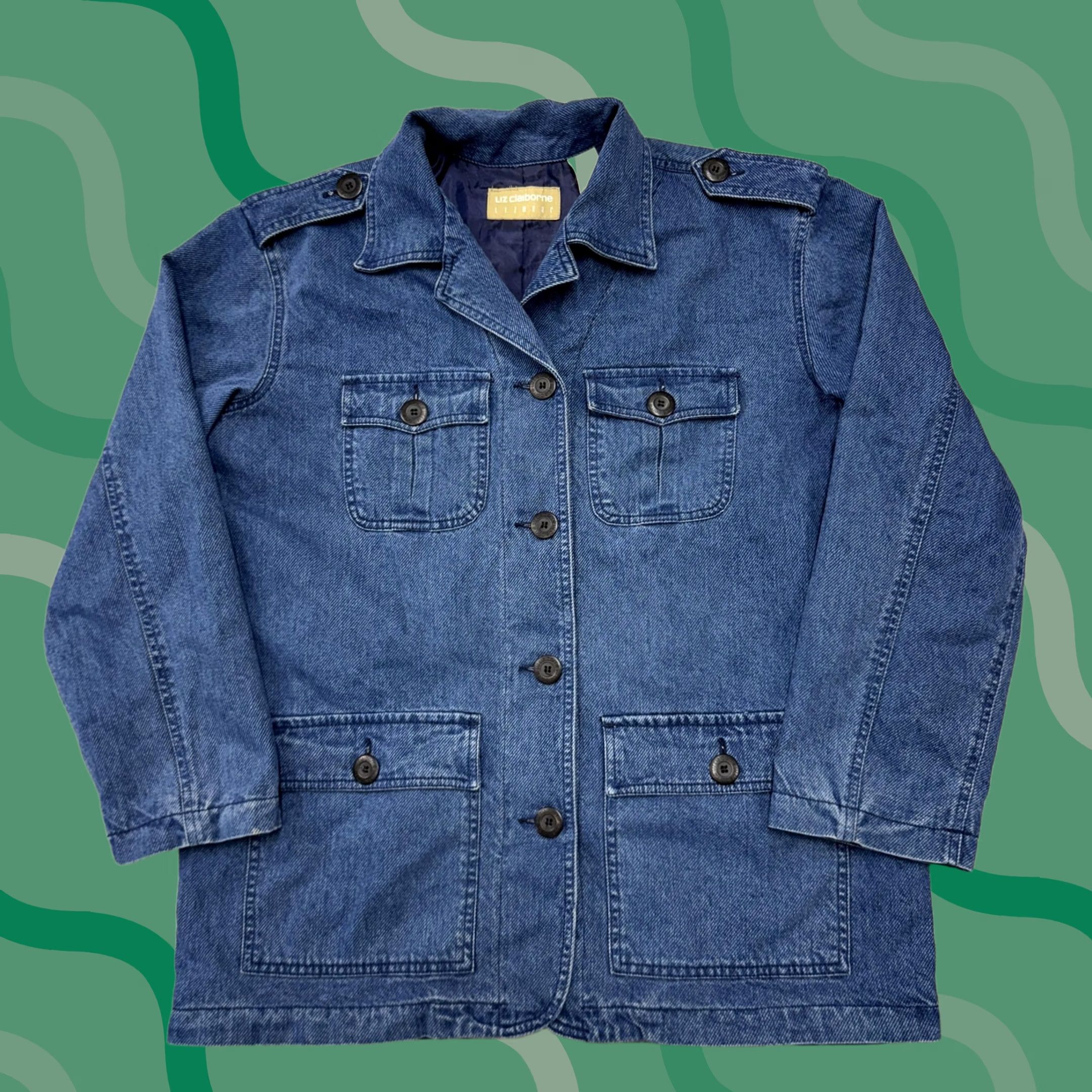 Liz Claiborne Liz Claiborne Jacket Womens Medium Denim Vintage Military Coat 90s Blue Solid Cotton Denim Lined Pockets Button Size M / US 6-8 / IT 42-44 - 1 Thumbnail