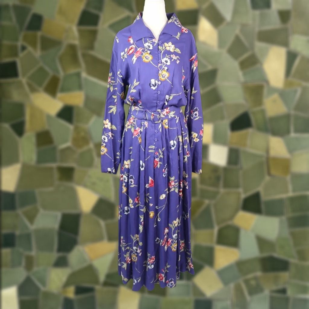 Vintage VINTAGE Together! Purple Floral Bird Print Maxi Shirt Dress 8 Ladies 90s 80s Long Sleeve Button Front Belt Workwear Casual Floral Size M / US 6-8 / IT 42-44 - 1 Thumbnail