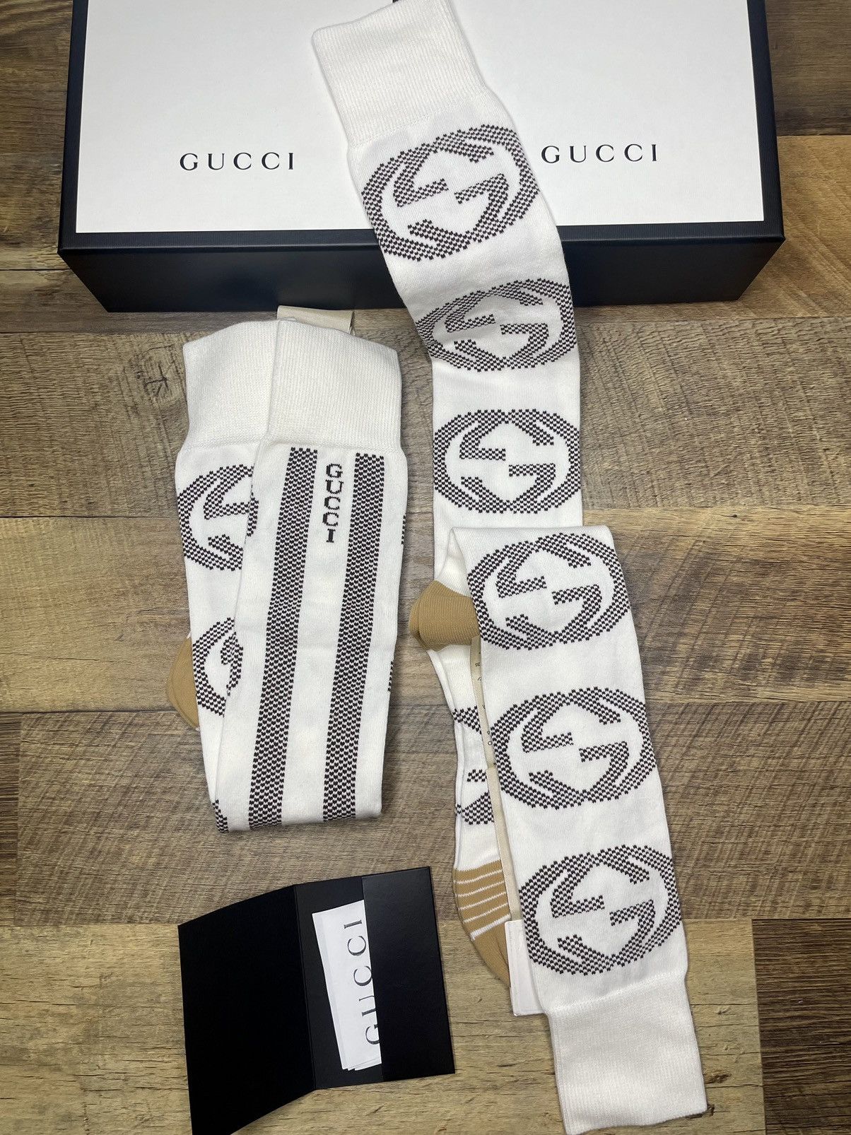 image of Gucci Equestrian Double G High Socks / Cream Brown Gold, Men's