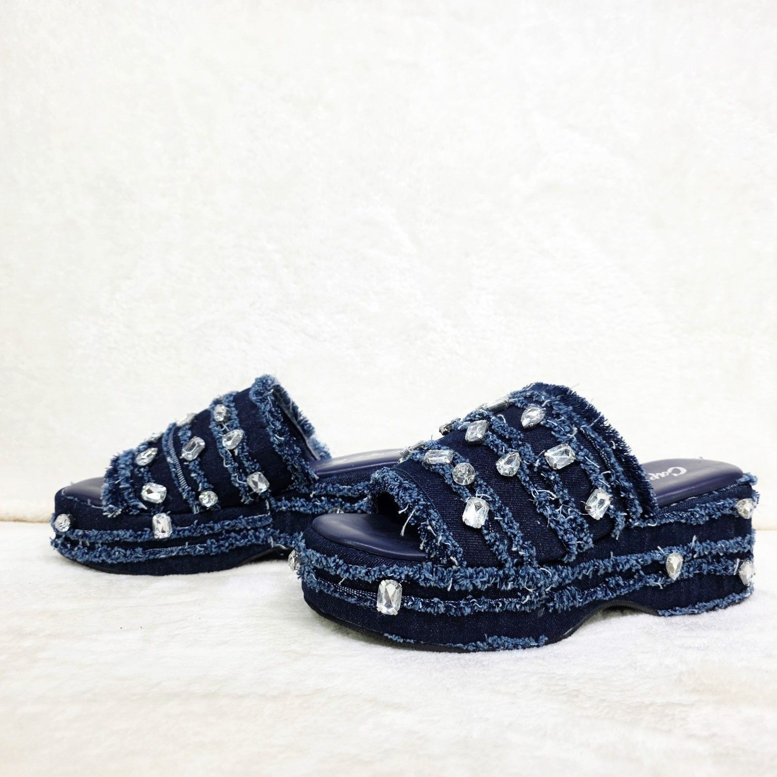 Other Hipster Denim Distressed Frayed Trim Rhinestone 2" Flatform Size US 9 / IT 39 - 8 Thumbnail
