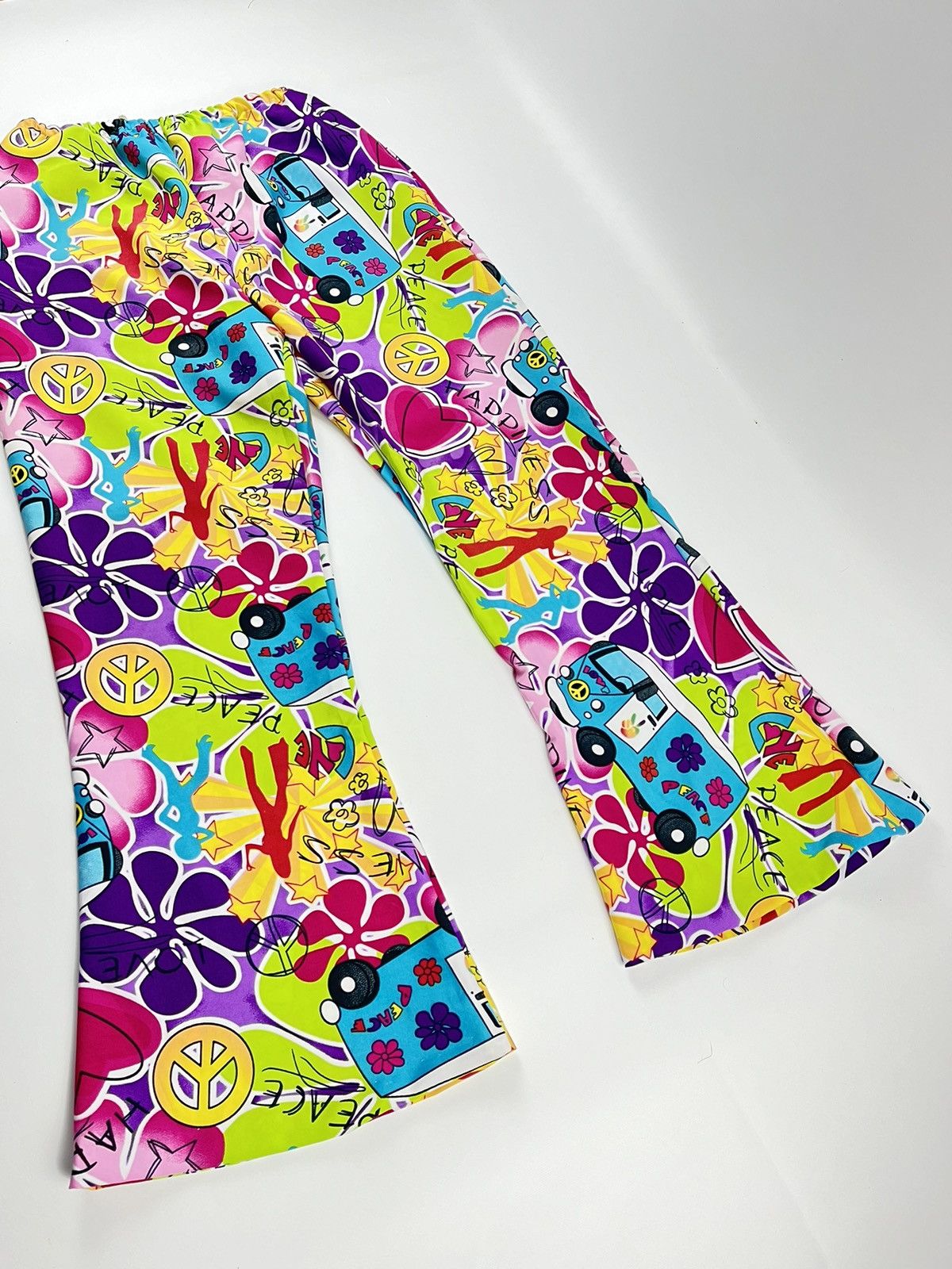 LSDworldpeace ☮️Multicolor peace hippie flared pants y2k trousers Size 29" - 1 Thumbnail