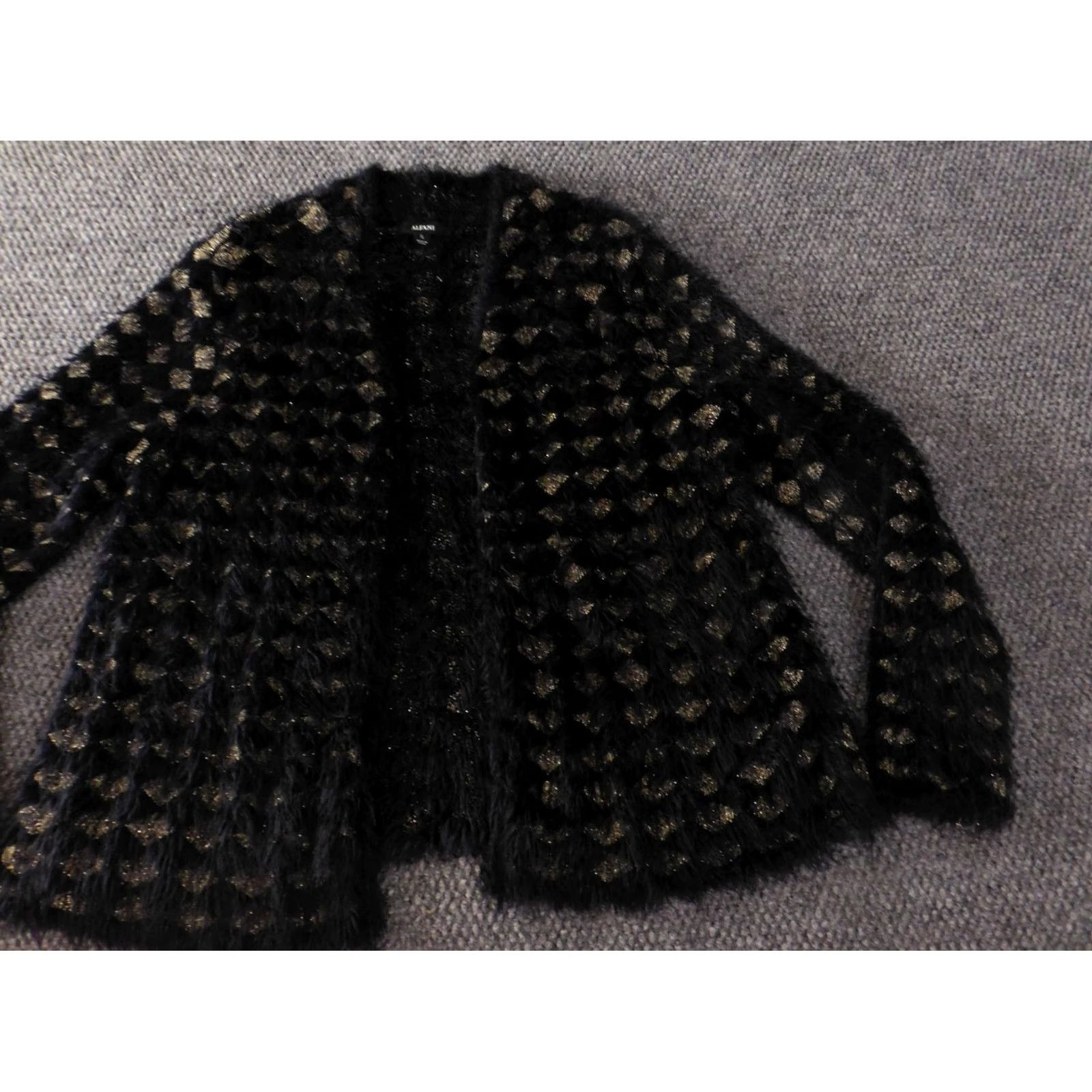 Alfani Alfani Womens Cardigan Sweater PL Petites Black Kimono Sleeve Mock Neck Stretch Knit Geometric Pattern Size L / US 10 / IT 46 - 2 Thumbnail