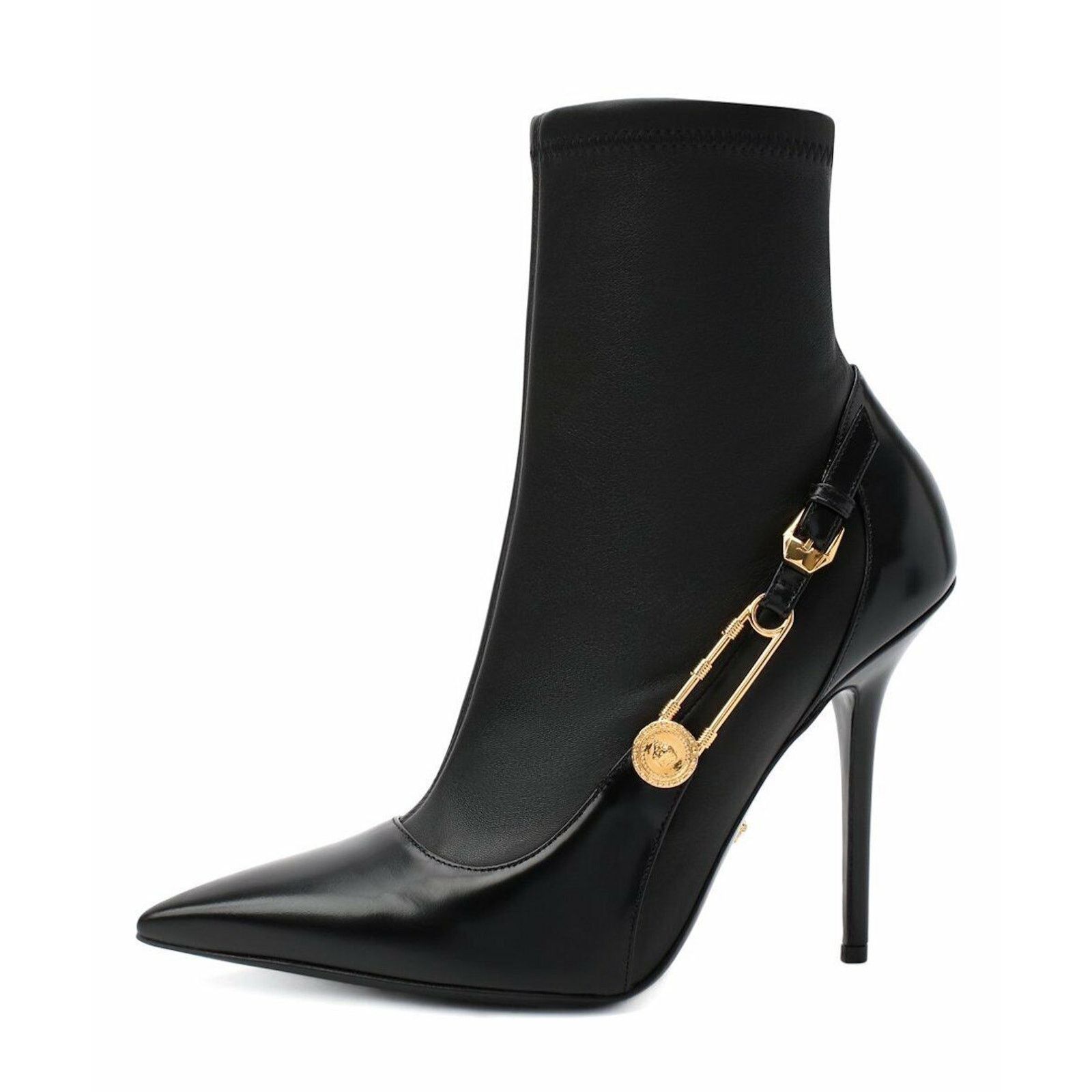 Versace Medusa Safety Pin Leather Pointed Ankle Boots
