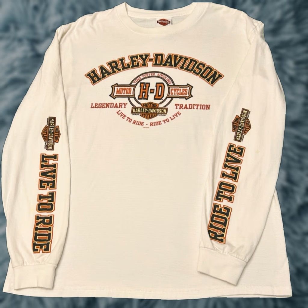 Harley Davidson VINTAGE Harley-Davidson Live To Ride Daytona 2012 Long Sleeve Shirt L Mens White 90s Biker Grunge Hip Hop Punk Rock Tattoo Spider Web Y2K Logo Vintage Size US L / EU 52-54 / 3 - 1 Thumbnail