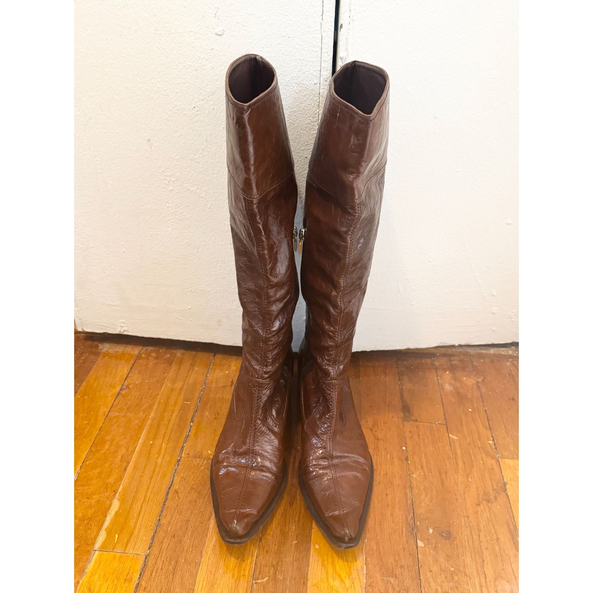 Vintage Vero Cuoio Women's Brown Patent Leather Side Zip Knee High B Size US 10 / IT 40 - 6 Thumbnail
