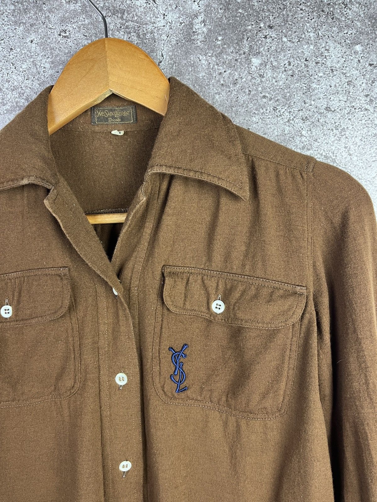 Yves Saint Laurent Vintage YSL Wool Shirt Brown Logo Italy Tricots Designer Size M / US 6-8 / IT 42-44 - 3 Thumbnail