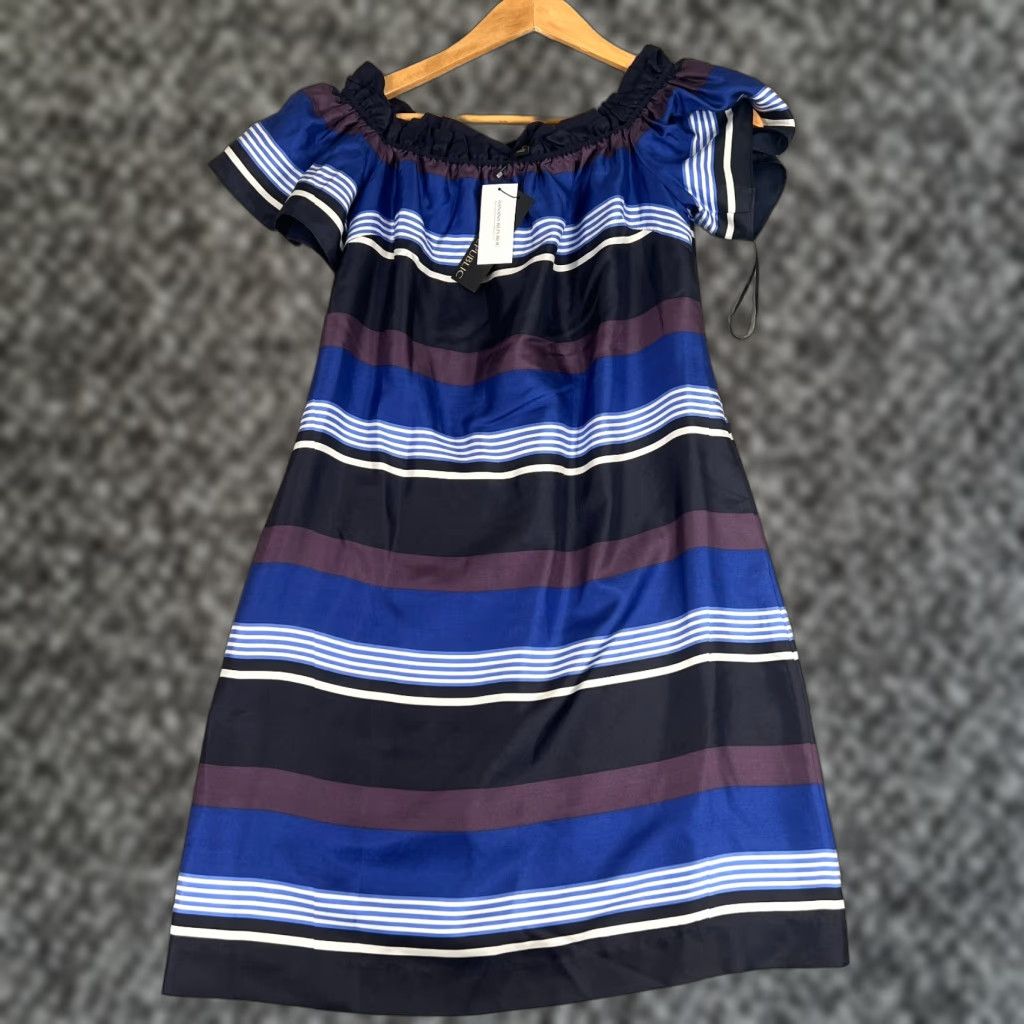 Banana Republic VINTAGE Banana Republic Silk Blue Striped Off the Shoulder Shift Dress XS Ruffle Classic Womens Size XS / US 0-2 / IT 36-38 - 1 Thumbnail