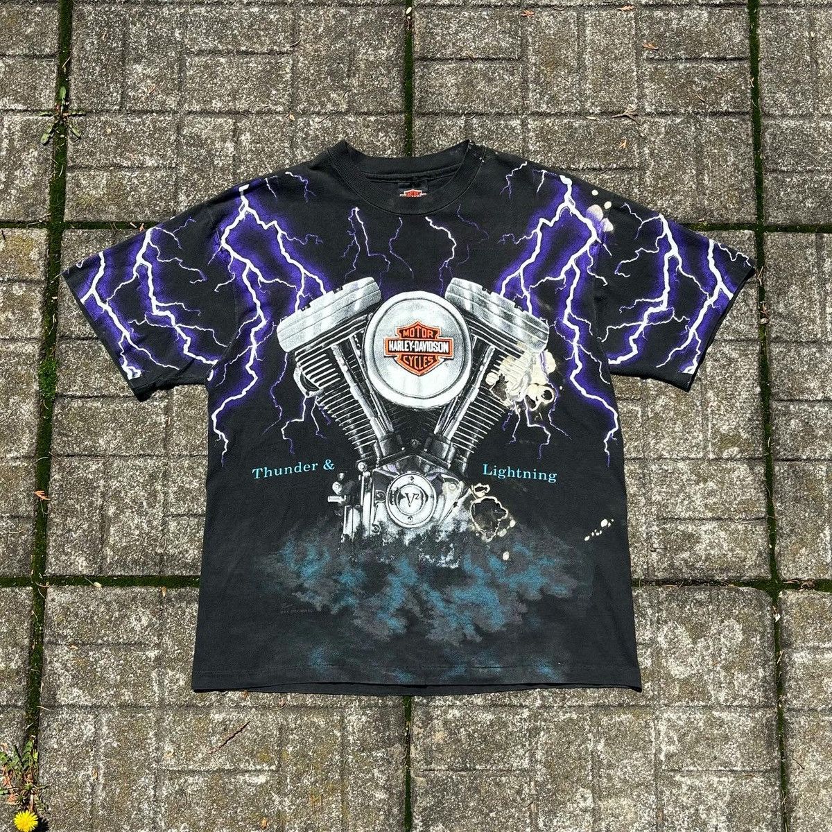 image of 90's Harley Davidson Thunder & Lightning Aop T-Shirt in Black, Men's (Size Large)