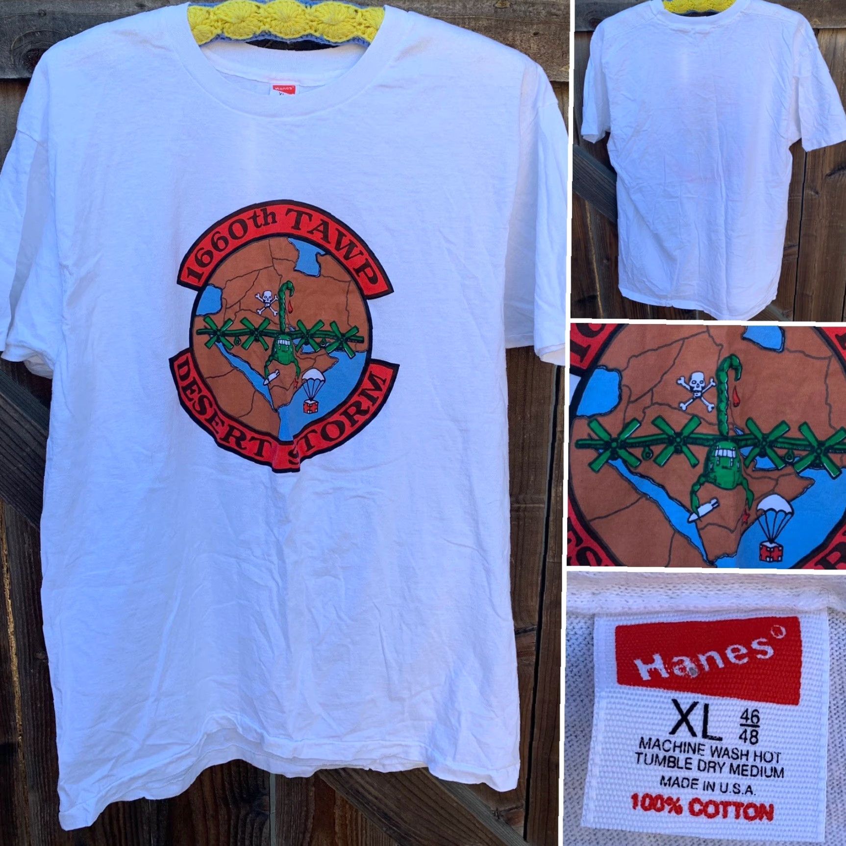 Hanes VINTAGE Hanes Desert Storm T-Shirt XL Men White Cotton Short Sleeve 90s Military USA Graphic Print Solid | 1660th TAWP Size US XL / EU 56 / 4 - 3 Thumbnail
