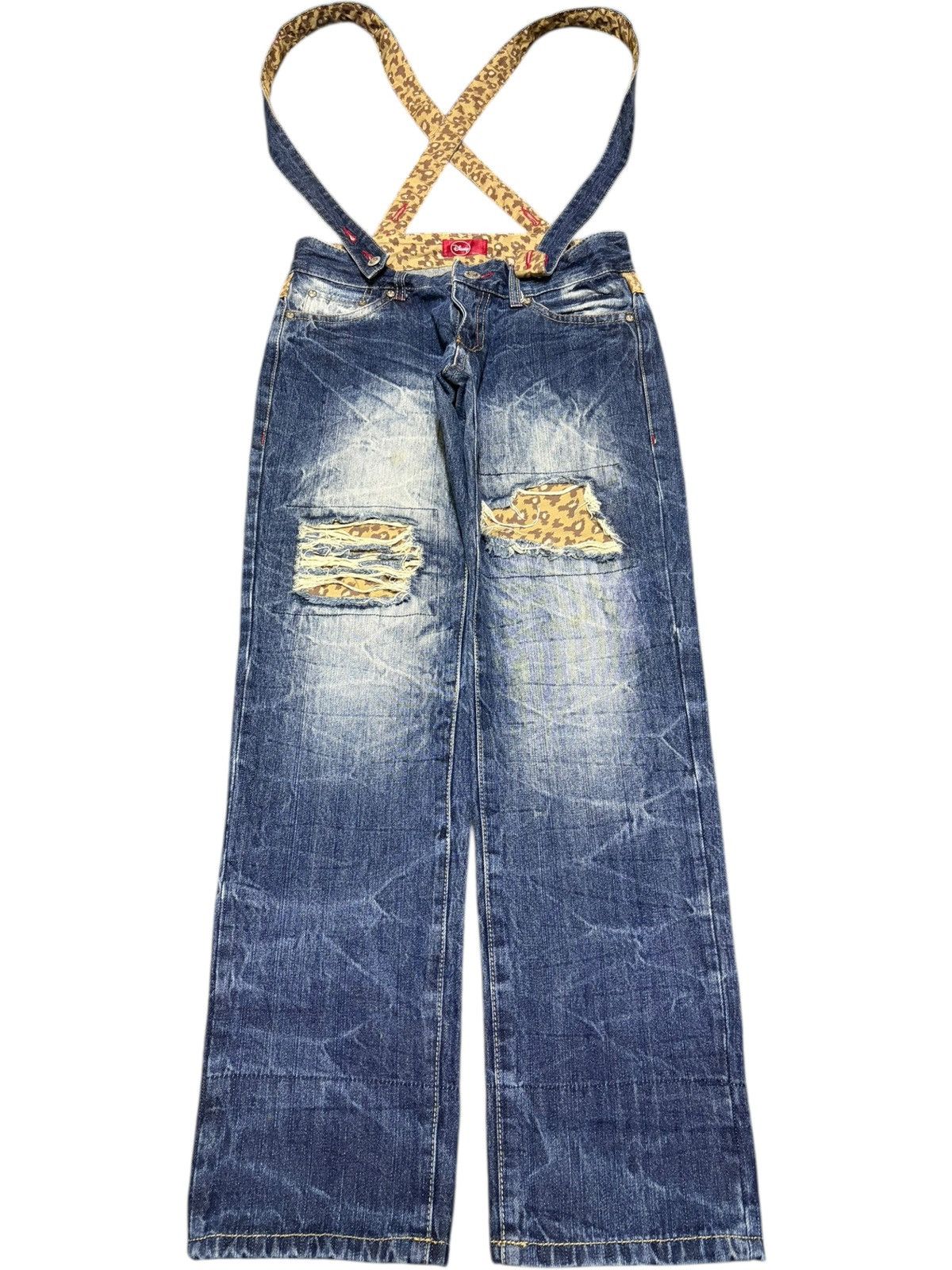 Vintage Mickey Disney Patch Distress Suspenders Jeans