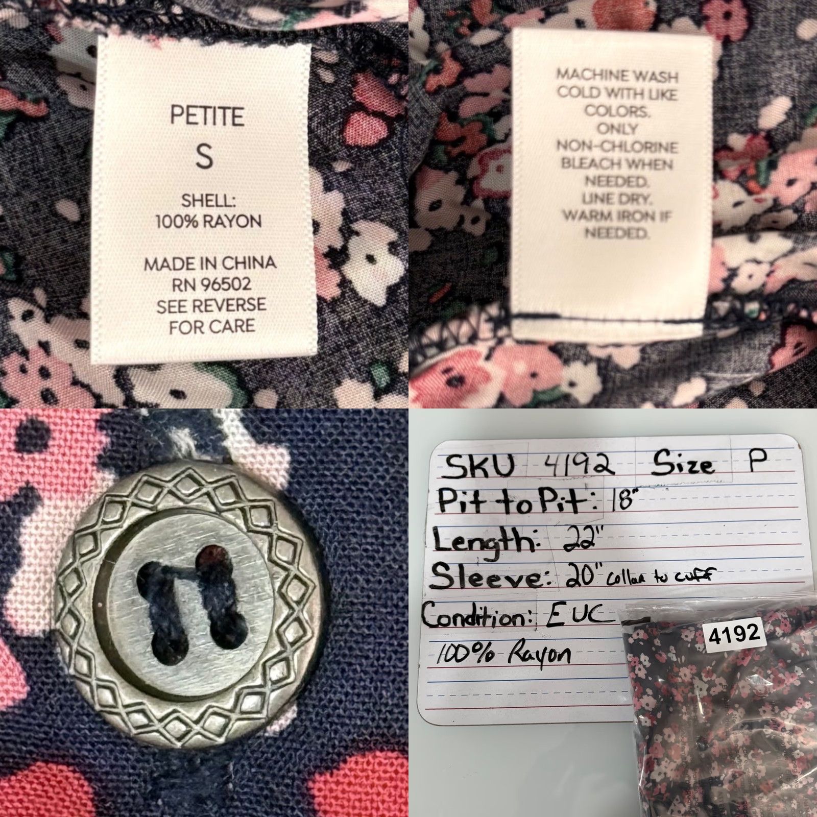 Pinko VINTAGE Westport Women Blouse Navy Pink Floral Smocked Tie Cuff Rayon EUC Size S / US 4 / IT 40 - 8 Thumbnail