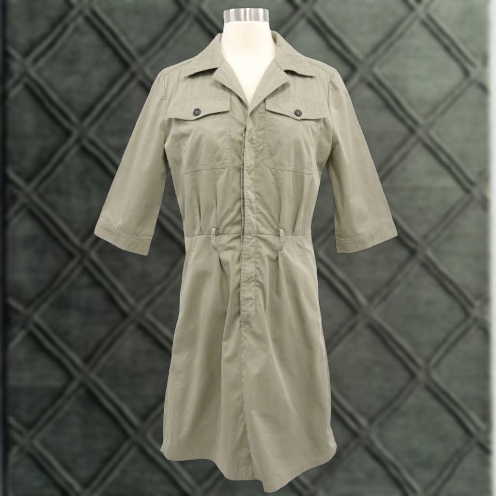 APC Shirt Dress Womens M Green Military Cotton Casual 3/4 Sleeve Collared Pockets