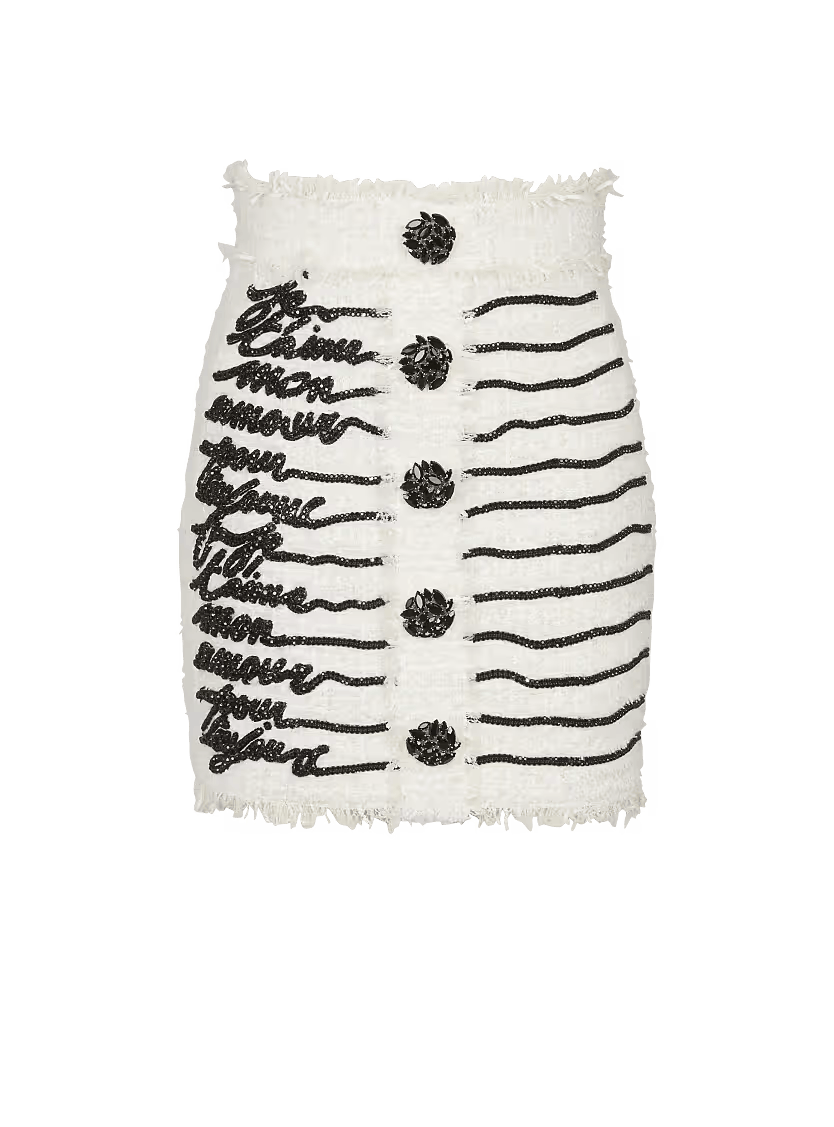 Balmain o1s1wg111225 Love Embroidered Tweed Mini Skirt in White Size 30" / US 8 / IT 44 - 1 Thumbnail