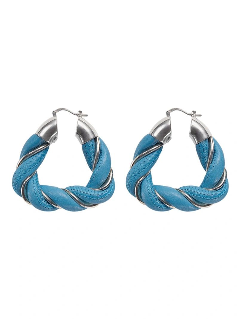 image of Bottega Veneta Twist Triangle Blue Leather Silver Earrings, Women's