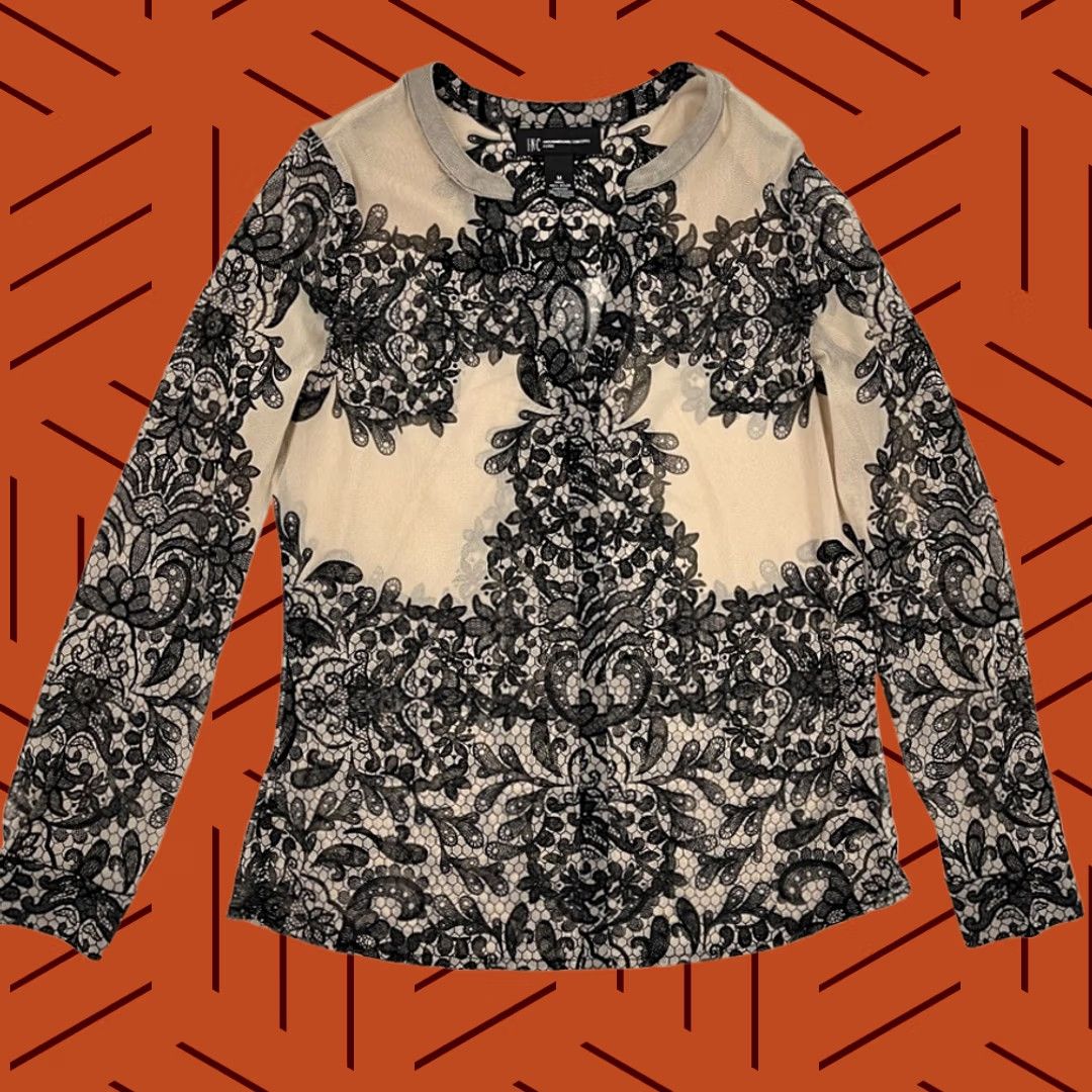 Vintage INC International Concepts Blouse Womens M Sheer Black Tan Lace Layers Neck Size M / US 6-8 / IT 42-44 - 1 Thumbnail