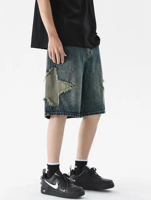 VIBE Star embroidered distressed straight denim shorts Size US 32 / EU 48 - 2 Thumbnail