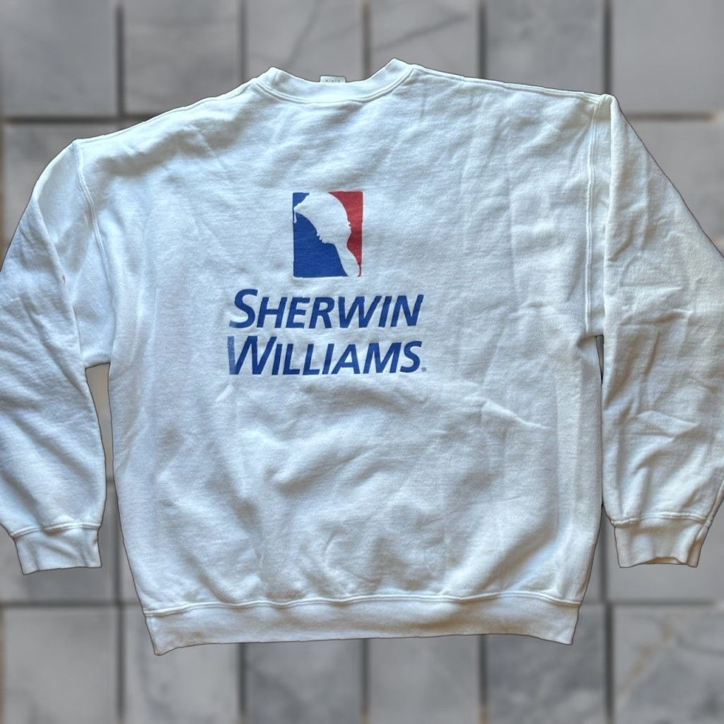Gildan Men's Sherman Williams Sweatshirt White Spell-Out XL PILLING Crew Workwear Paint Size US XL / EU 56 / 4 - 1 Thumbnail