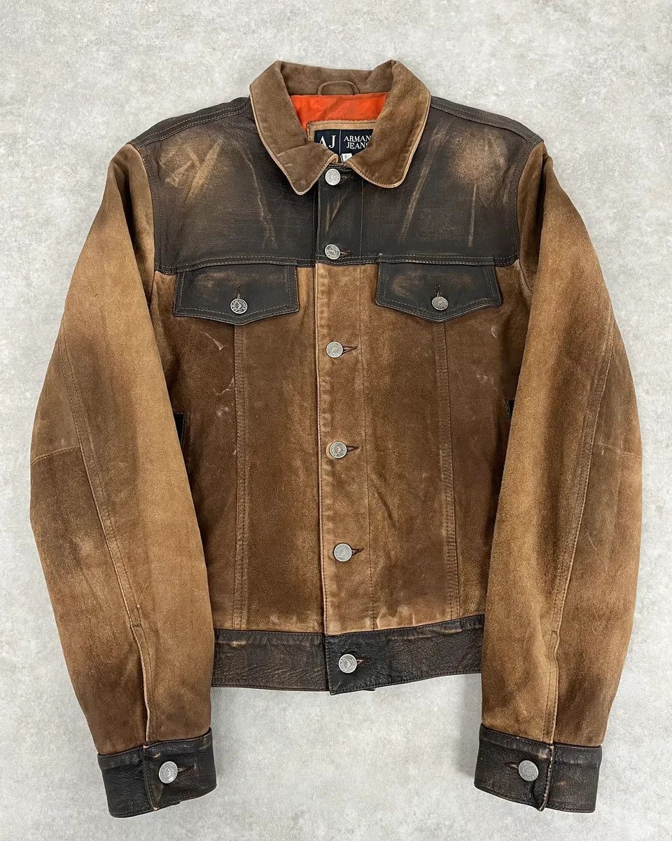 Armani 2000s Armani Brown Suede Leather Two Tone Trucker Jacket Size US M / EU 48-50 / 2 - 1 Thumbnail