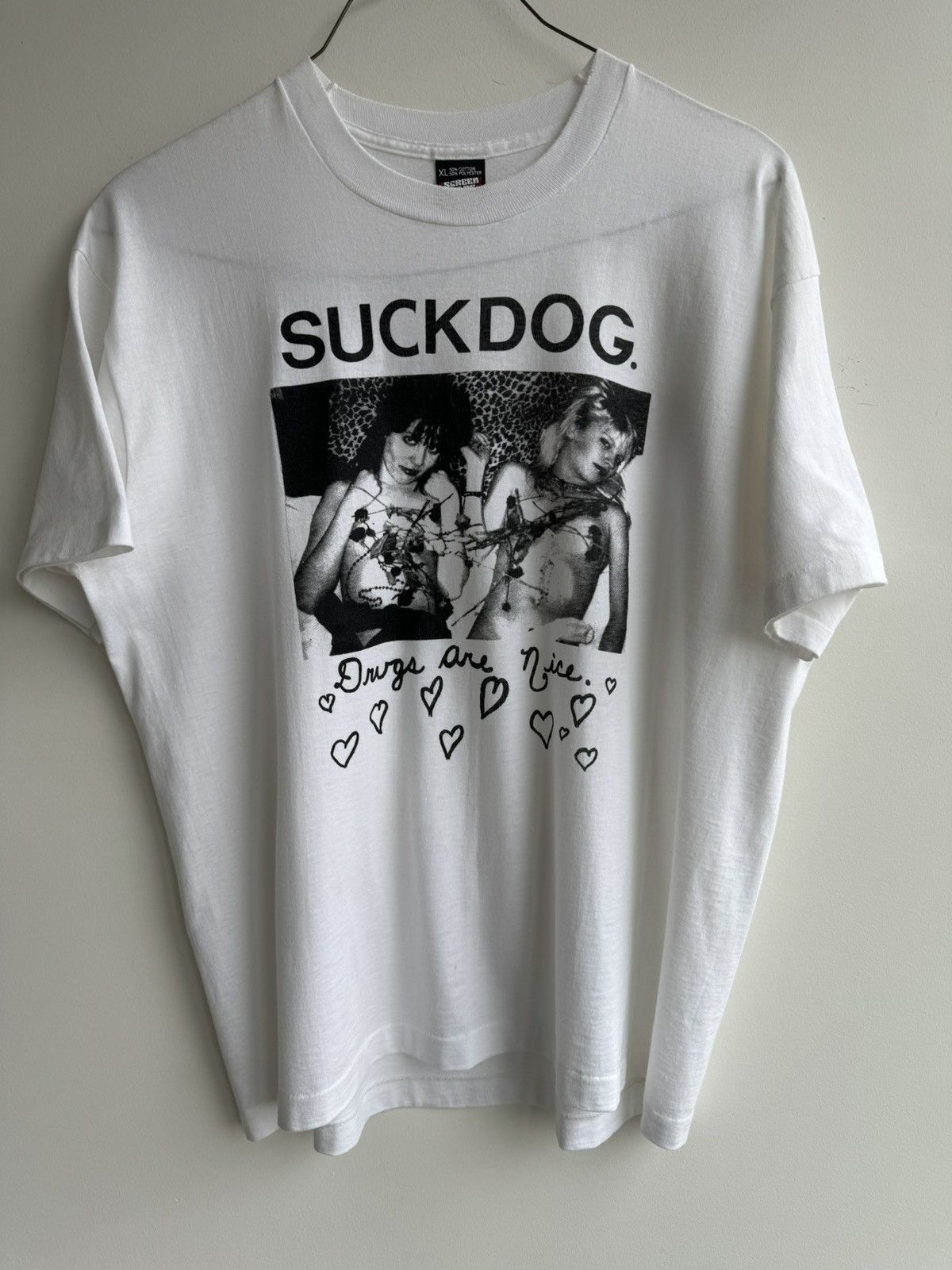 image of Vintage Suckdog Drugs Are Nice T Shirt Faded in White, Men's (Size XL)