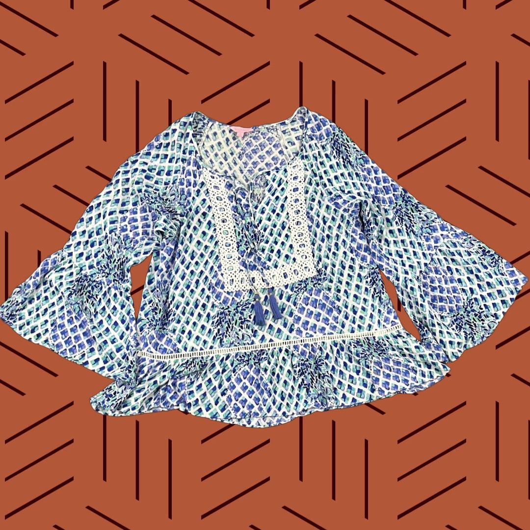Lilly Pulitzer Lilly Pulitzer Blouse Women Medium Blue Geometric Tassel Bell Sleeve Casual Boho Size M / US 6-8 / IT 42-44 - 1 Thumbnail