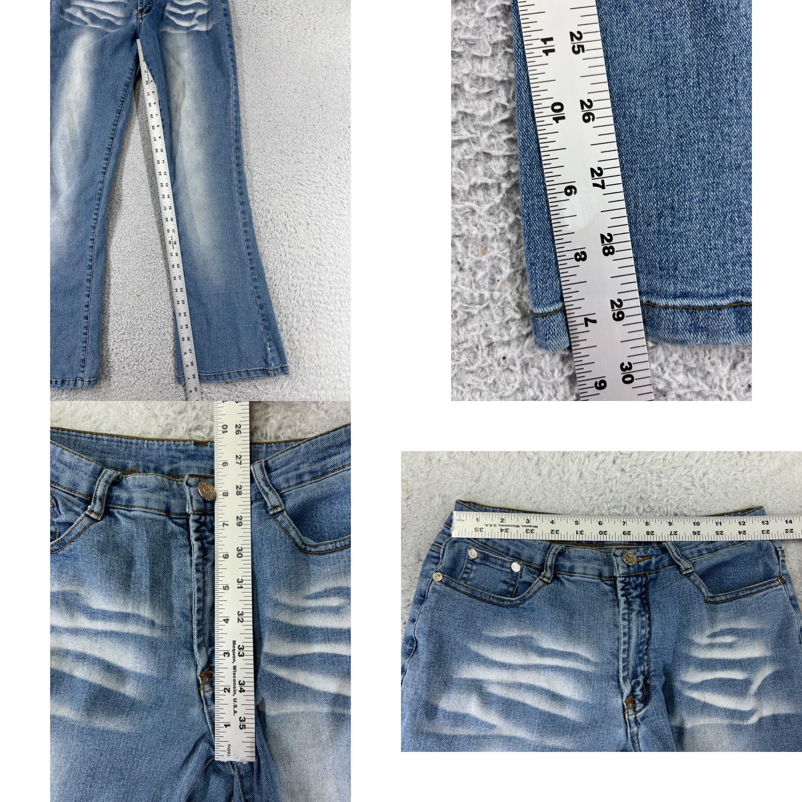 Vintage YueMu Jeans Womens 24 Blue Flared Distressed Low Rise Cotton Med Wash 24x29 Size 42" / US 20 - 8 Thumbnail