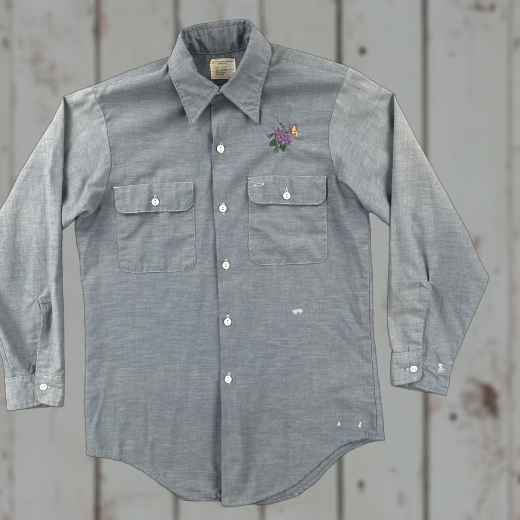 Vintage VINTAGE Big Mac Shirt Embroidered Flowers 1960s Rockabilly Cotton Blend Button-Front Long Sleeve M Blue Mens Size US M / EU 48-50 / 2 - 1 Thumbnail