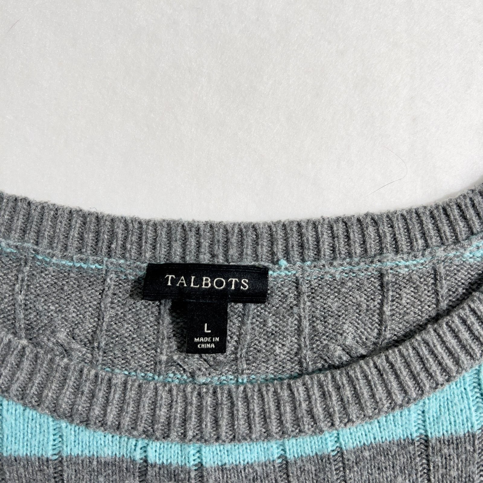 Robert Talbott Sweater Talbots Woman L 30% Lambswool Cable Teal Grey Stripe Size L / US 10 / IT 46 - 2 Thumbnail
