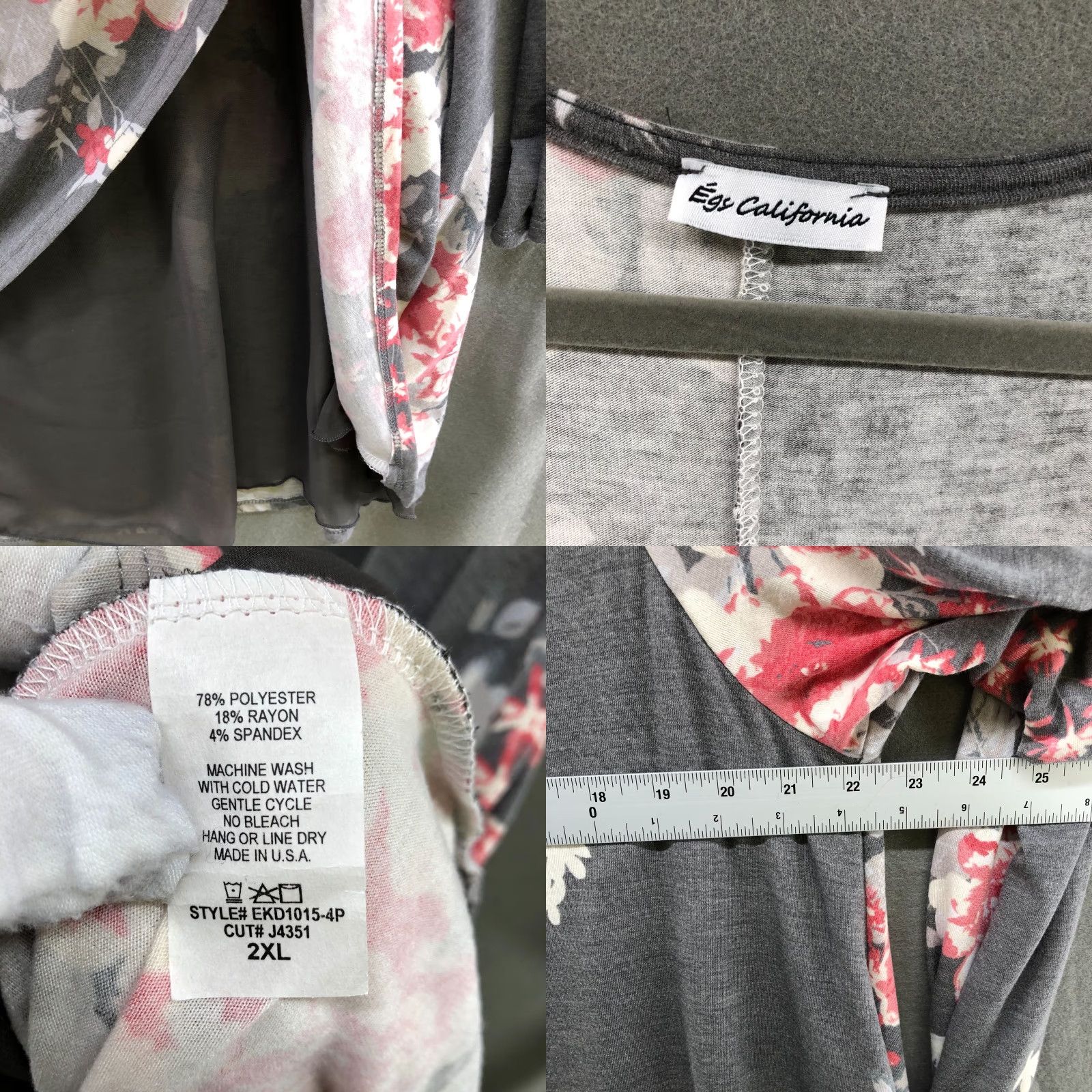 Vintage VINTAGE Egy California Jersey Knit Tunic Top/Dress Chiffon Hem Gray Floral Womens 2X Size XXL / US 16-18 / IT 52-54 - 8 Thumbnail