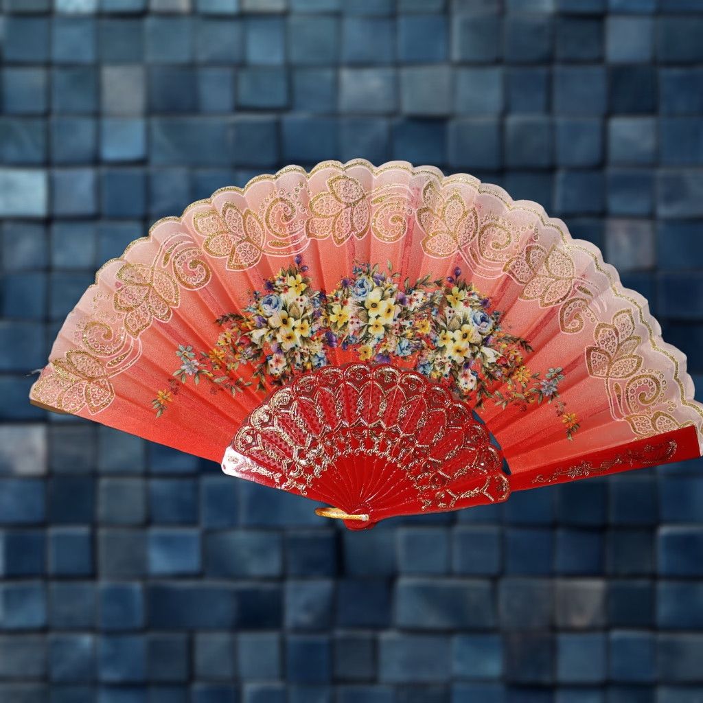 Vintage Vintage Handheld Fan with Flowers - Small Red Hand Fan, 16-inch, Brand New Size ONE SIZE - 1 Thumbnail