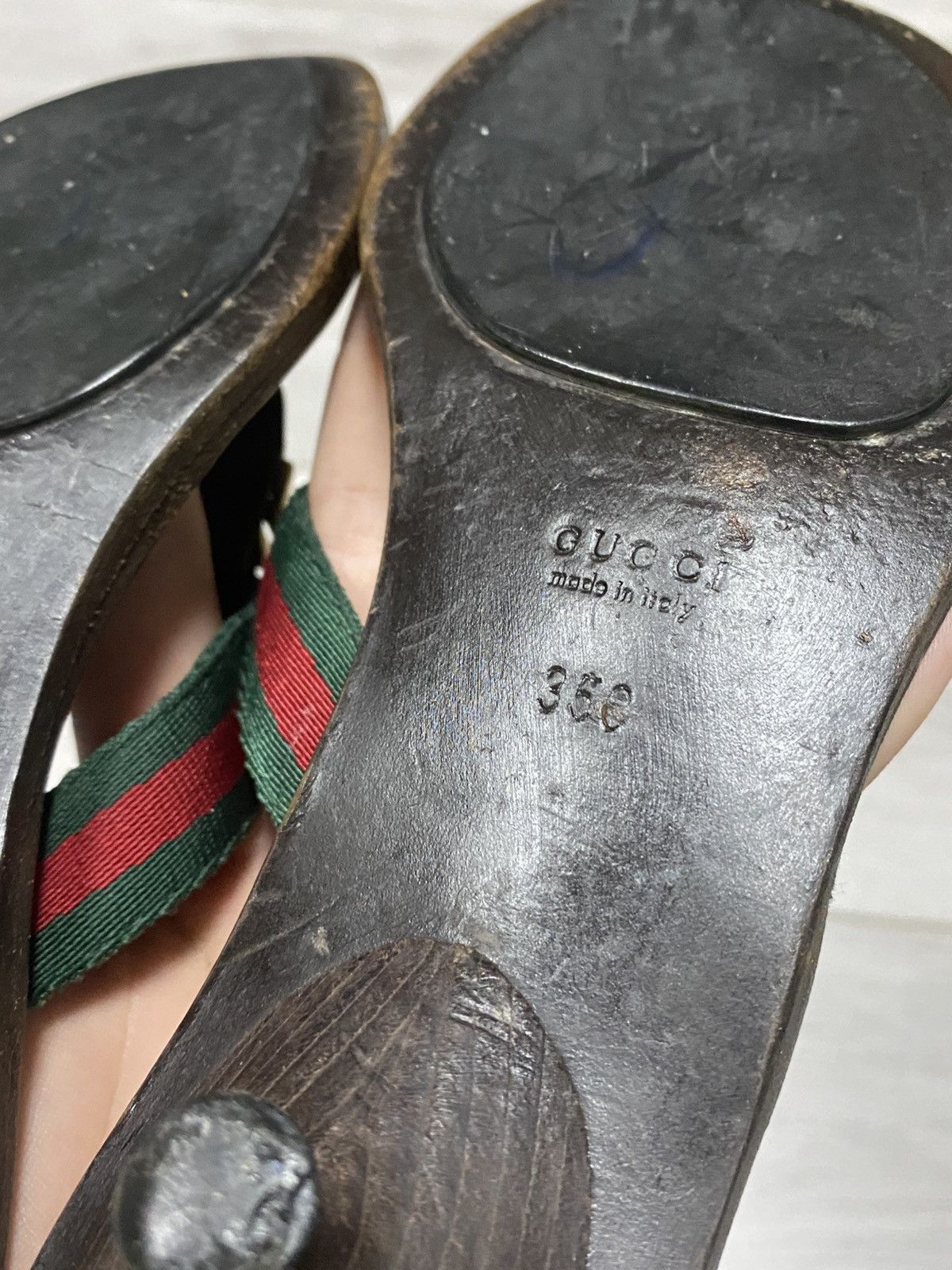Gucci × Vintage Gucci web GG big logo heels wood flip-flops flats red green Size US 5 / IT 35 - 7 Thumbnail