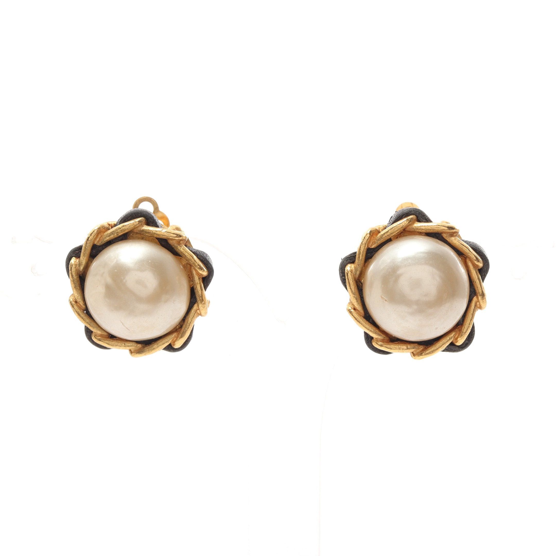 image of Chanel Earrings Gp Fake Pearl Leather Gold Black Ivory 93A, Women's