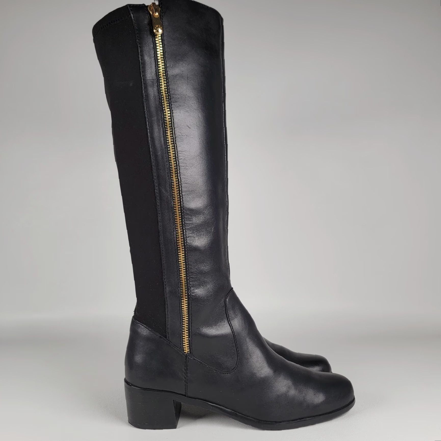 Vintage Tahari Kyle Black Leather Knee-High Boots 8M Zipper Stretch Leather Block Heel Riding Boot Women Footwear Casual Workwear City Tall Size US 8 / IT 38 - 2 Thumbnail