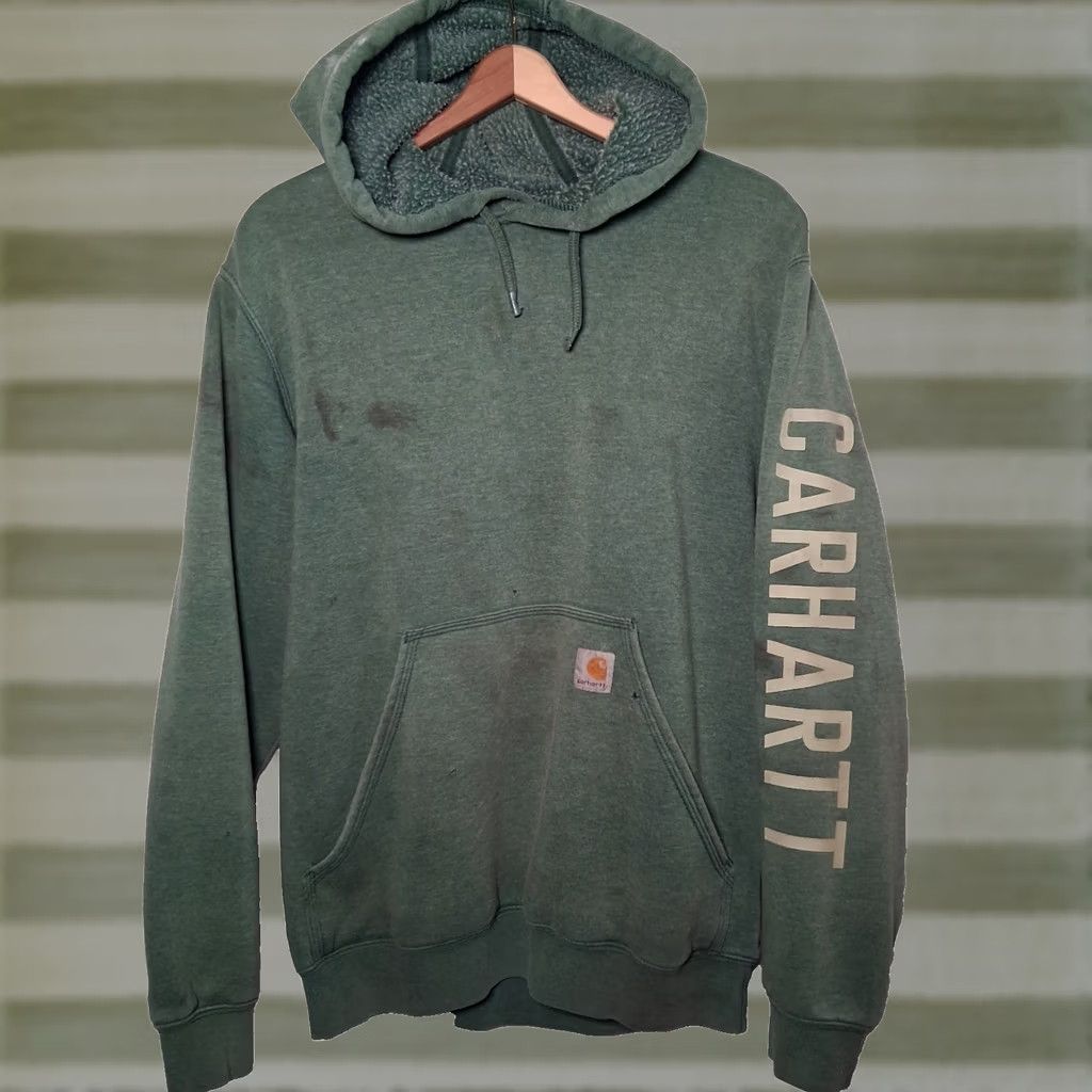 Carhartt VINTAGE Carhartt Hoodie Hooded Sweatshirt Small Green Workwear Pullover Destroyed Work Mens Hoodie Size US S / EU 44-46 / 1 - 1 Thumbnail