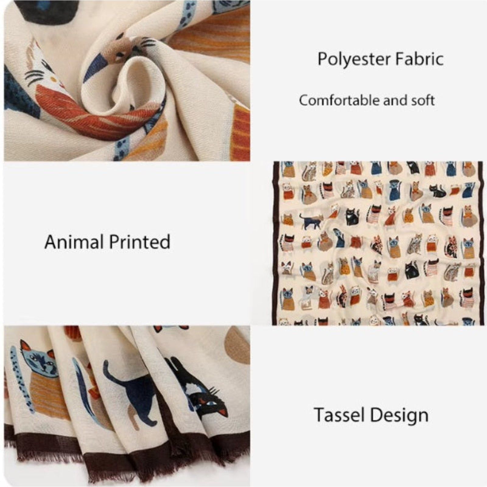 Designer Cream Many Cats Print Scarf Polyester Fashion Lightweight Size ONE SIZE - 5 Thumbnail
