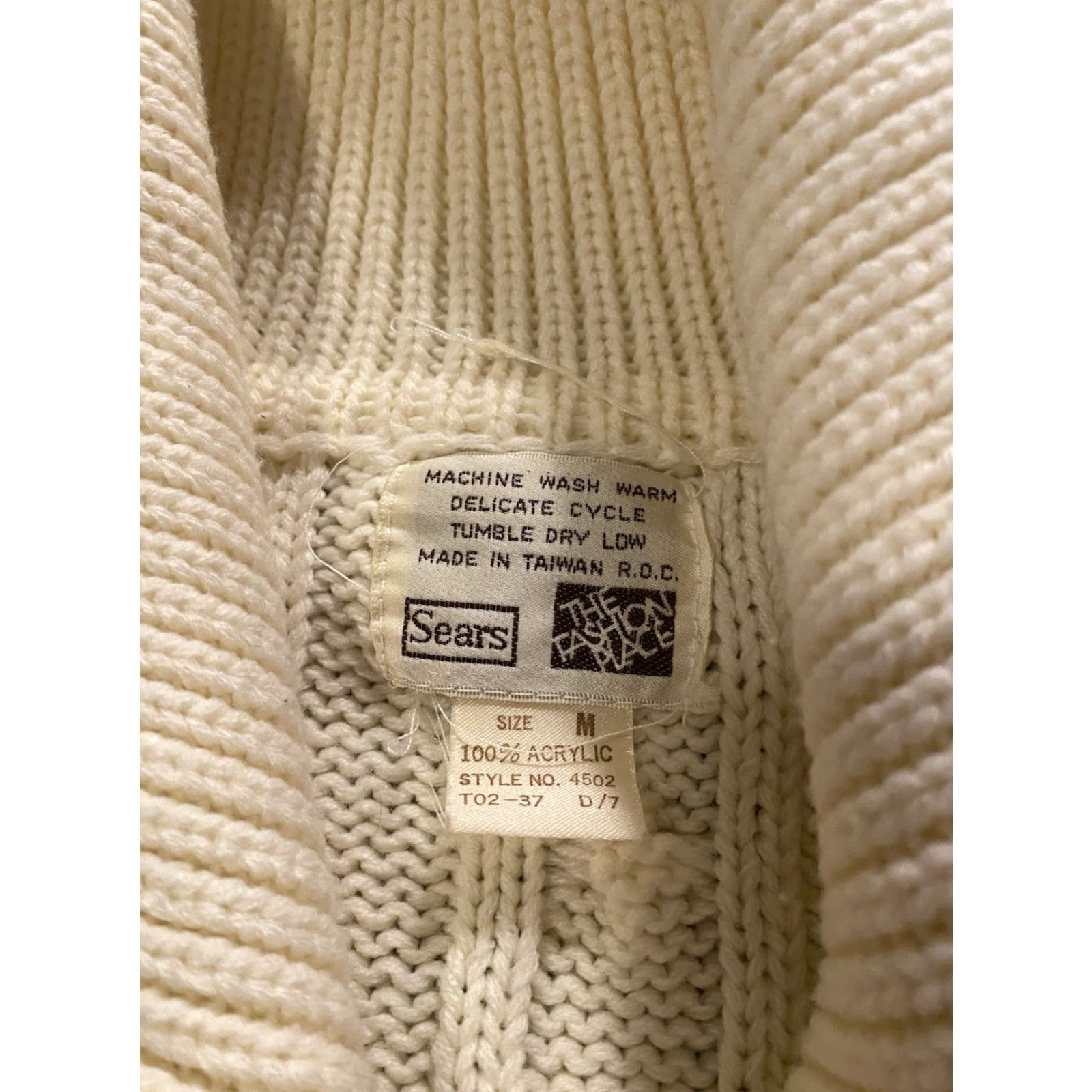 Sears VINTAGE Sears Cardigan Woman's Cable Knit Fisherman Shawl Collar Medium 1970s Ivory M Regular Casual Arts & Crafts Size M / US 6-8 / IT 42-44 - 3 Thumbnail
