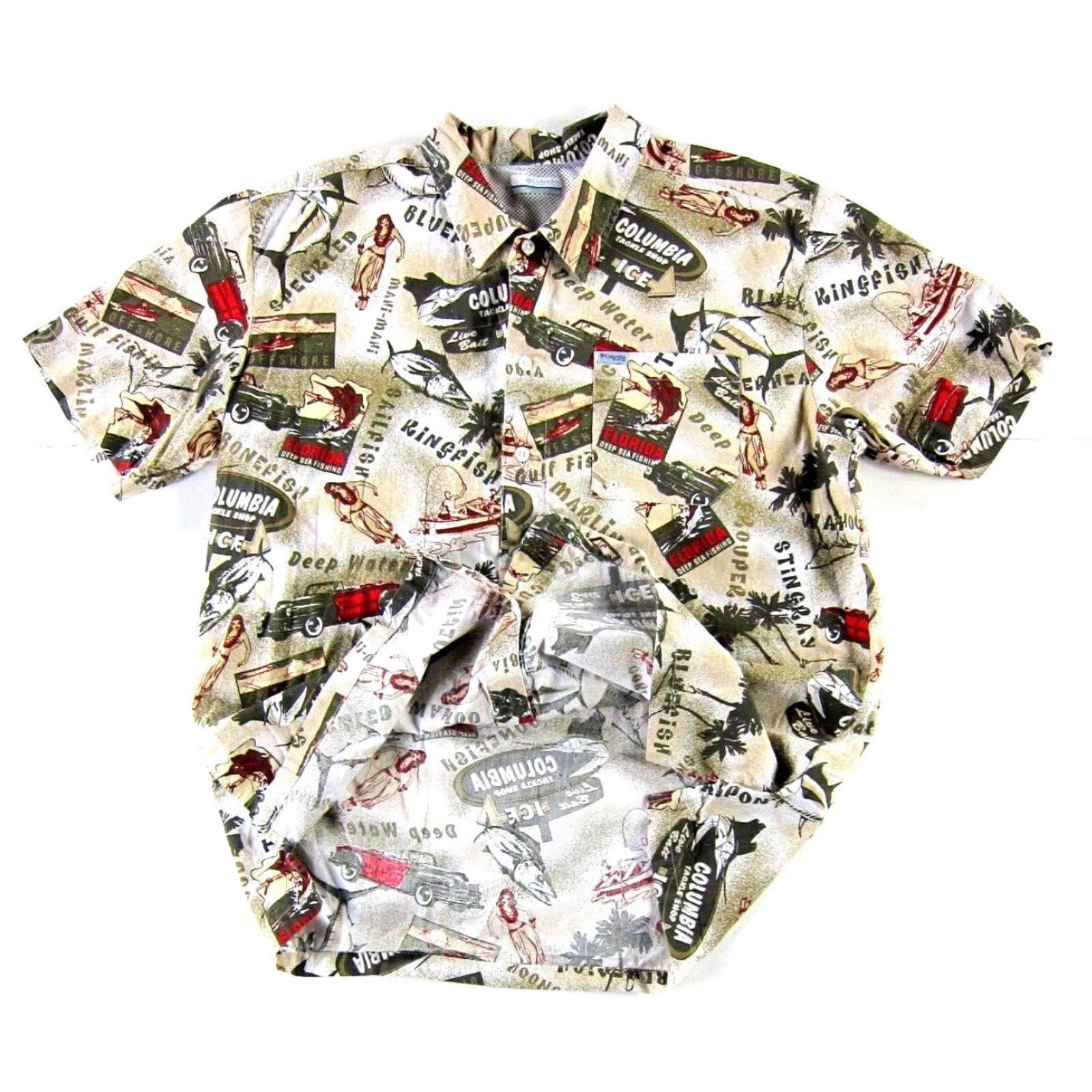 Vintage Columbia Hawaiian Shirt Men L Short Sleeve Cotton Red Florida Hula Girl Fish Brown Size US L / EU 52-54 / 3 - 5 Thumbnail