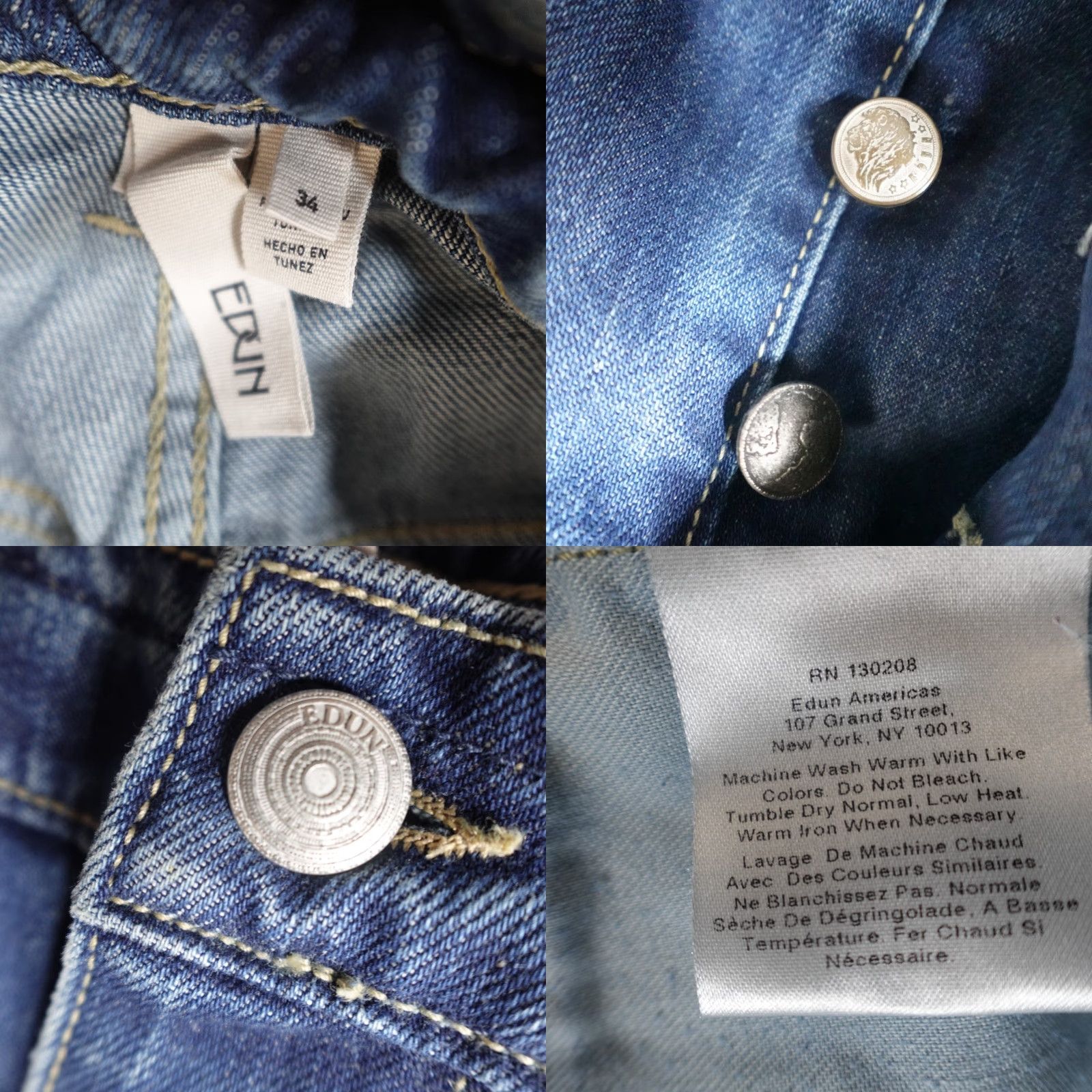 Vintage EDUN Jeans 34 x 30 Blue Button Fly Straight Waist Drawstring Men Denim Cotton 5-Pocket Relaxed Regular Size US 34 / EU 50 - 8 Thumbnail