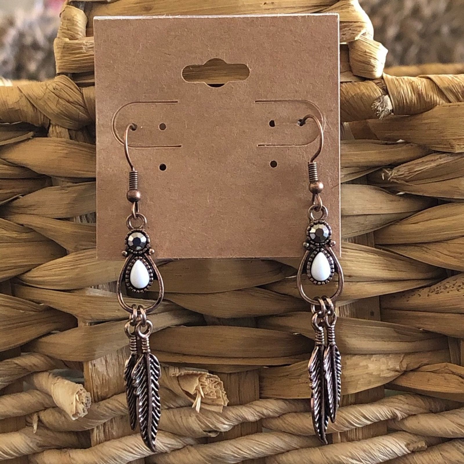 Vintage Vintage copper feather stone dangle earrings Size ONE SIZE - 1 Thumbnail